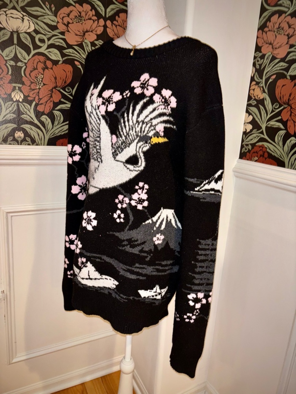 Japanese Crane Cherry Blossom Sweater Oversized Knit Dark Academia Pullover - Picture 4 of 5